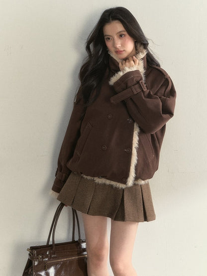 Vintage Double-sided with Brown Cuffs Faux Buckle Jacket Fur