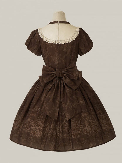 Blue/Brown/White/Light Pattern Train Brown Floral Bow Lolita