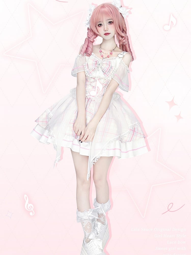 Neckline Plaid Sweet Pink Idol Lolita Jumper Off-the-shoulder