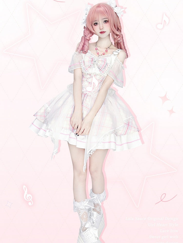 with Off-the-shoulder Pink Skirt Neckline Sweet Bowtie Lolita Jumper Free Idol Plaid