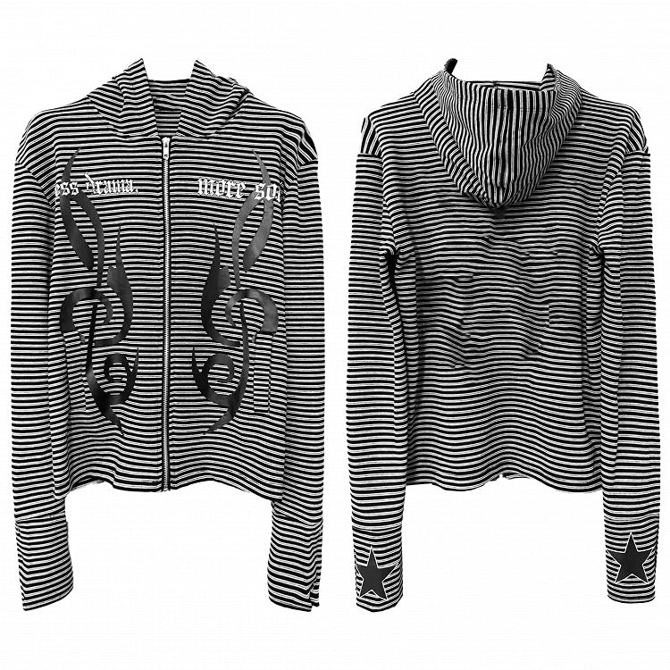 Black & White Striped Hooded Jacket with Musical Note Prints - DETW OnLine