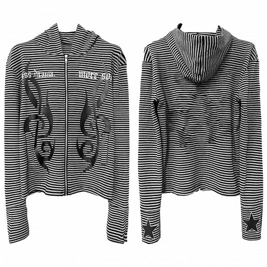 Black & White Striped Hooded Jacket with Musical Note Prints - DETW OnLine