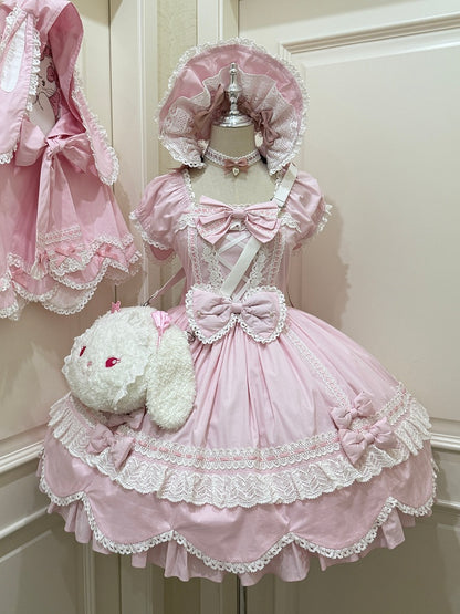 Lolita-Kleid mit Puff-Baumwolle und Ausschnitt, rosa, quadratisch, ein altes Kleid mit kurzen Ärmeln