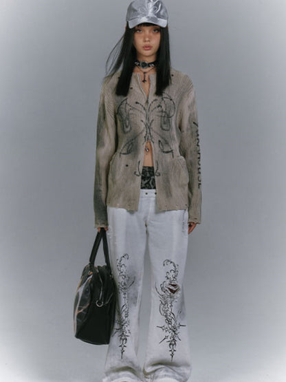 カーキのツーウェイジッププラケットダメージニットセーター、ウェイストランドパンク