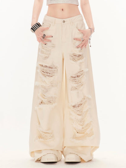 ワイドレッグジーンズ ウェイストランド アプリコット ローウエスト ダメージ加工 穴あき パンク