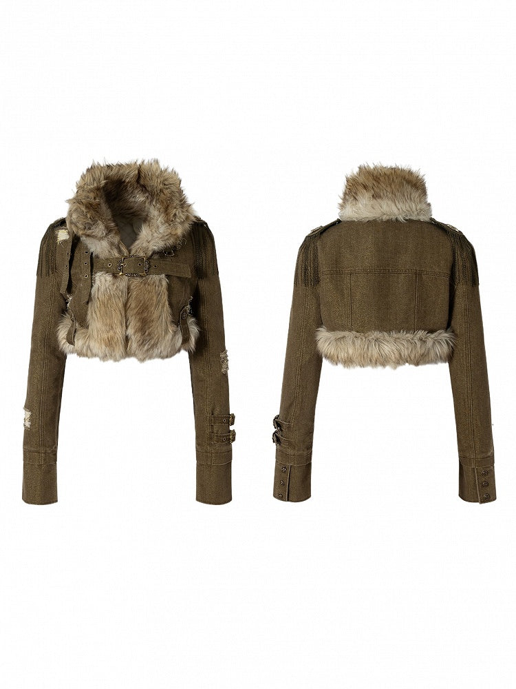 Buckle Punk Denim with Fur Crop Street Green Straps Faux Vintage Collar Jacket