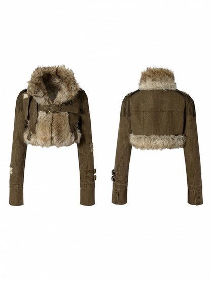 Buckle Punk Denim with Fur Crop Street Green Straps Faux Vintage Collar Jacket