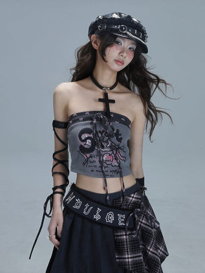 Bow Crop Punk Strapless Ties with Cherry Gray Top Patchwork Print