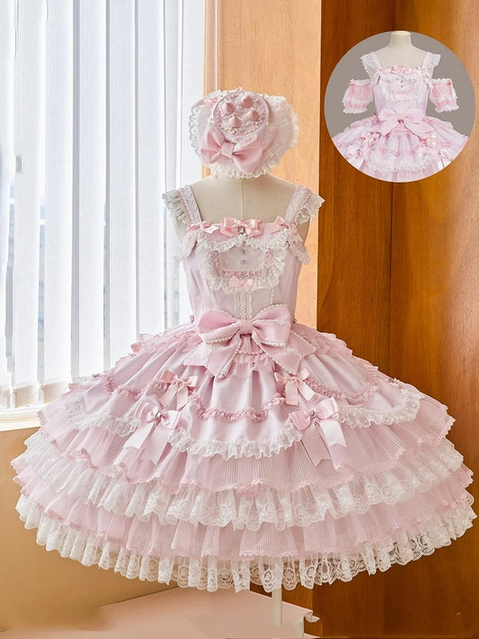 ピンクのプリンセスレイヤードフリルドレス、取り外し可能なパフスリーブ付きスイートロリータジャンパースカート