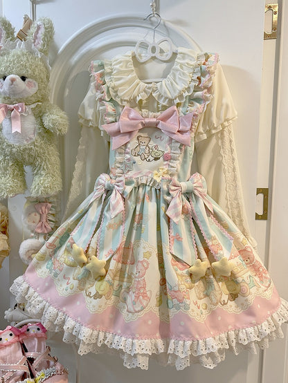 ピンクとグリーンのテディプリントのスイートロリータジャンパースカート