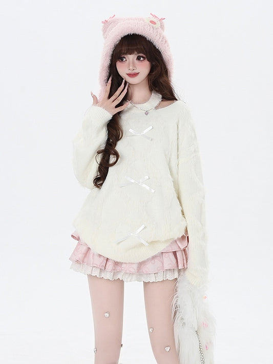 White Cutout Shoulder Knit Top with Sweet Bows - CRAZY GIRL