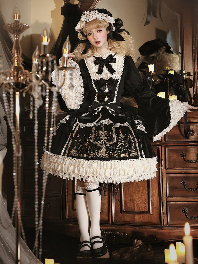 Candle Embroidery Bell-Sleeve Velvet OP Gown - Bramble Rose