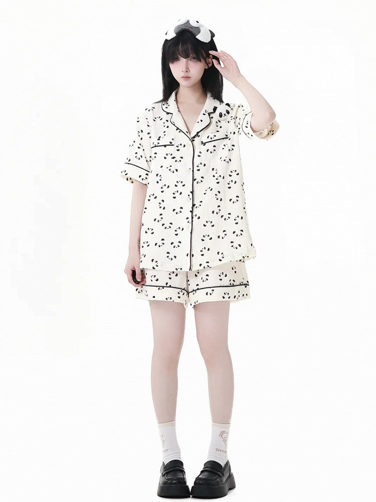 全面パンダプリントシャツ 伸縮性のあるパジャマセット エッジベージュカラー ショーツ スカラップ+ウエスト