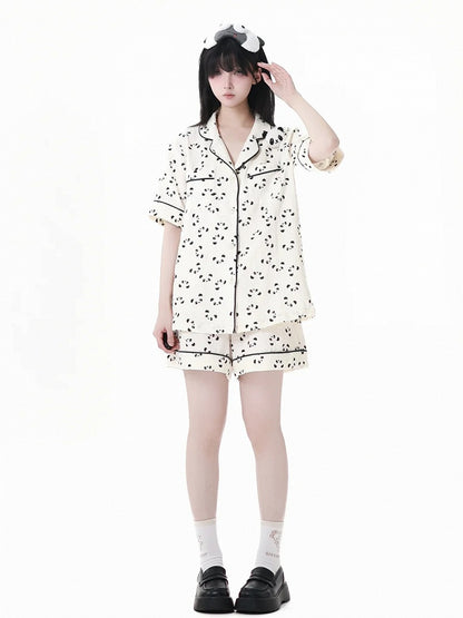 全面パンダプリントシャツ 伸縮性のあるパジャマセット エッジベージュカラー ショーツ スカラップ+ウエスト