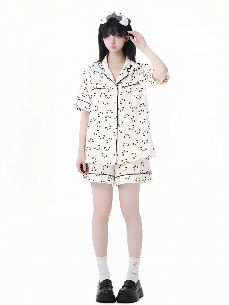 Collar + Allover Panda Print Shirt Shorts Beige Elastic Waist Edge Pajamas Set Scalloped