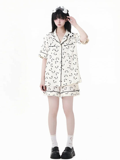 Collar + Allover Panda Print Shirt Shorts Beige Elastic Waist Edge Pajamas Set Scalloped