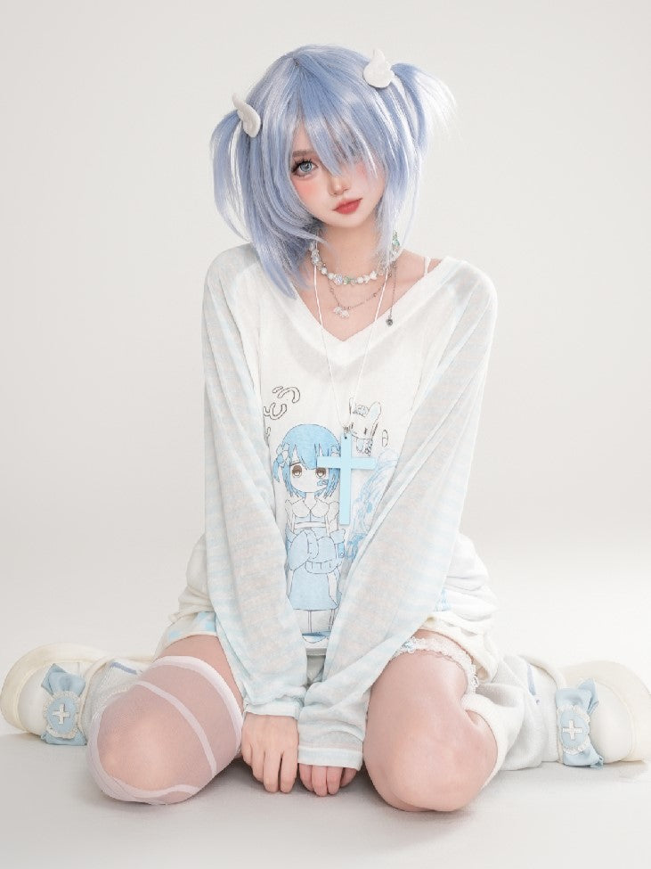 And Light Long Thin V-neck Blue/Pink Girl Top With Cartoon Sleeves Print Patterns Striped