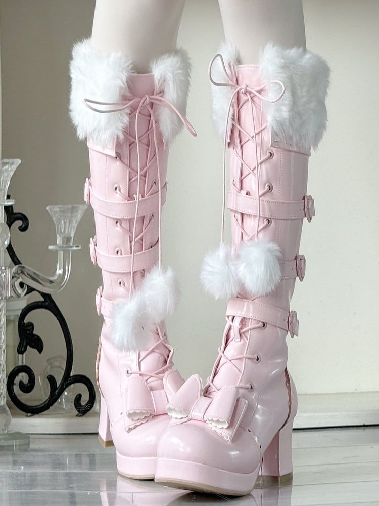 Multi-Closure Boots Pompom PU Plush Laces Sakura - System with Pink Collar Elegant Lolita Knee-High