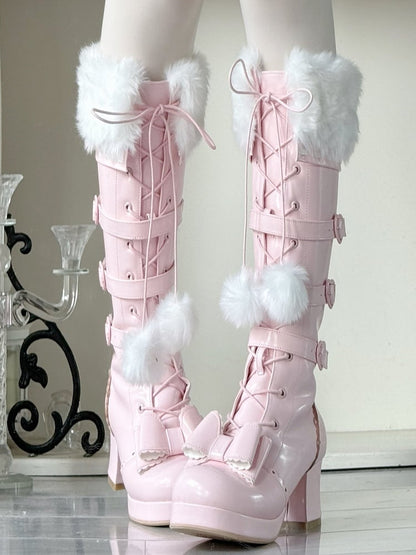 Multi-Closure Boots Pompom PU Plush Laces Sakura - System with Pink Collar Elegant Lolita Knee-High