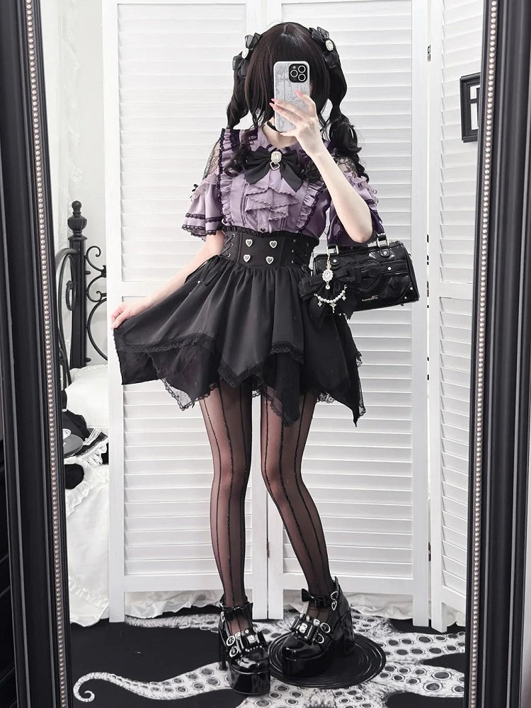 Black and Purple Lace Cut-Out Shoulder Butterfly Sleeve Blouse with Bow Tie - Dream Core Waves