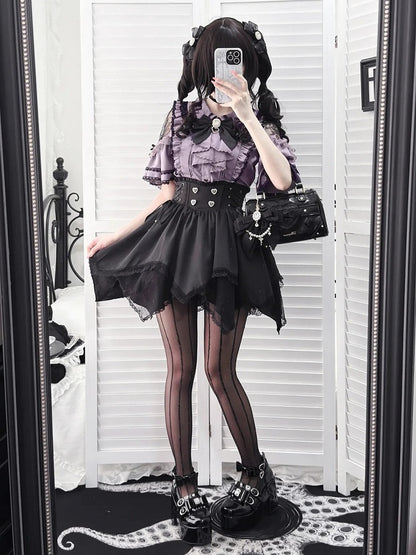 Onyx Jirai Kei High-Rise Skirt with Asymmetrical Hem and Lace Trim - Dream Core Waves