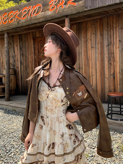 Vintage Schmetterlingsdruck Taschentuch Saum Farbstoff Apricot Krawatte Spaghettiträger Kleid