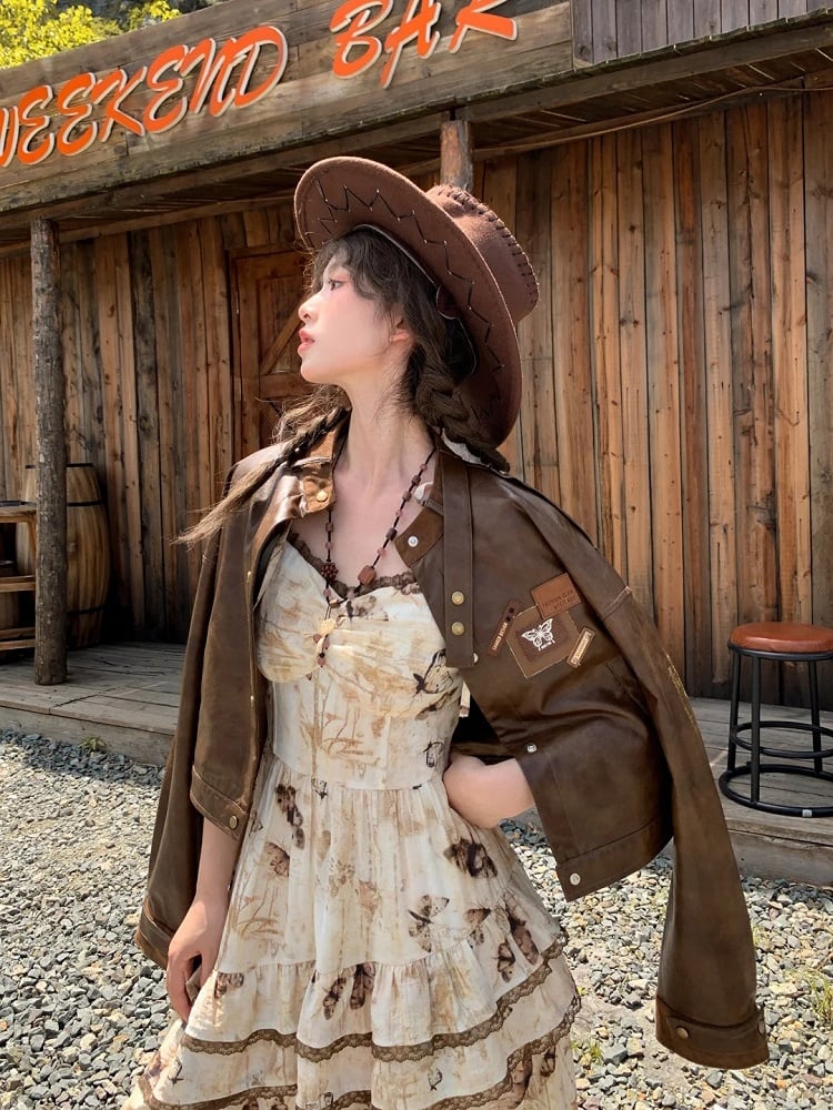 Brown Badge Autumn for Appliques Vintage PU Jacket