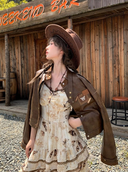 Brown Badge Autumn for Appliques Vintage PU Jacket