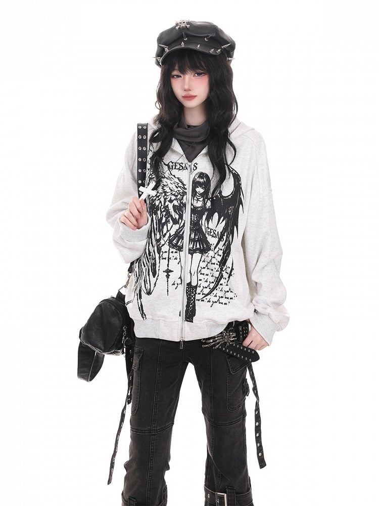 Dark Kawaii Light Gray Zip-Up Hoodie with Portrait Graffiti Print - KNOW8 Online Shop