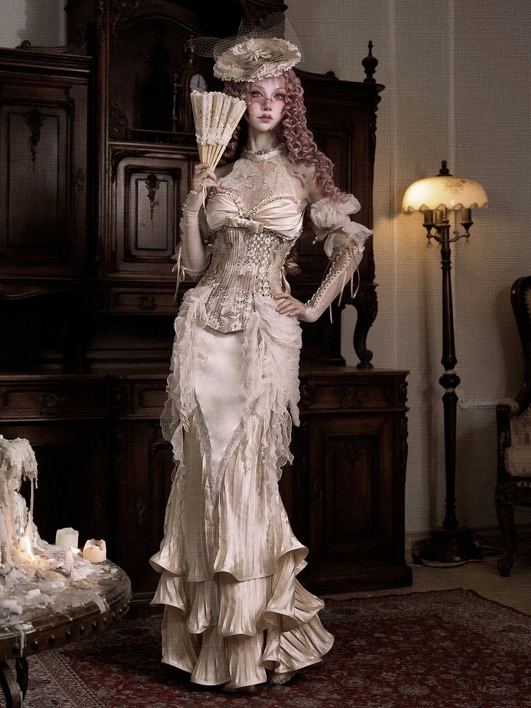 Layered Mermaid Design Pleated Flowing Flounce Light Beige Hem