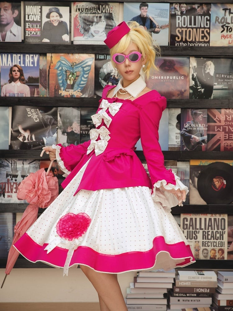 Retro Pink Blazer & Polka Dot Skirt Ensemble with Bow Accents and Detachable Collar - Charing Cross