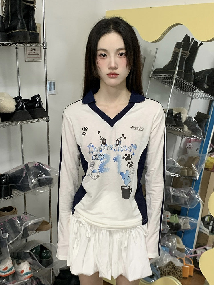 Top Big with Letter V-neck Eye White and Print