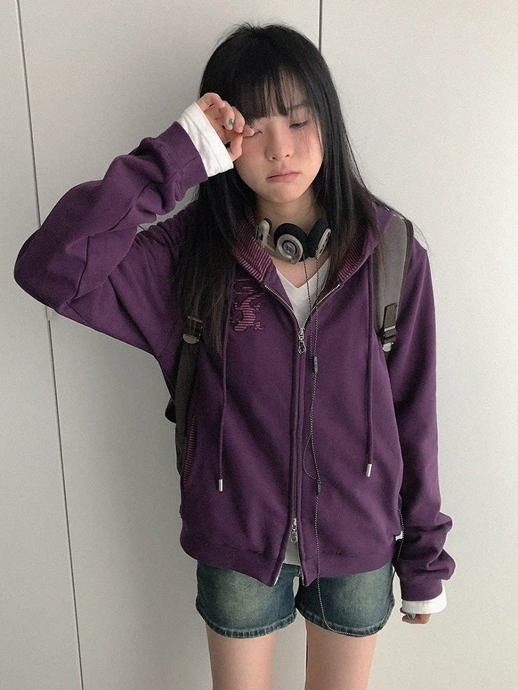 Retro Fall Dark Purple Hooded Zip Jacket with Gecko Motif and Striped Accents - innomoood