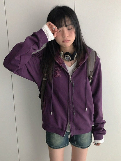 Retro Fall Dark Purple Hooded Zip Jacket with Gecko Motif and Striped Accents - innomoood
