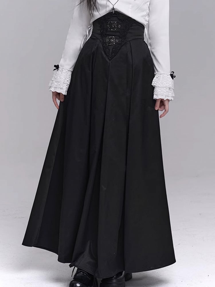 with Waist Accents Metal Ankle-Length Buckle Corset Black Embroidered Skirt Gothic