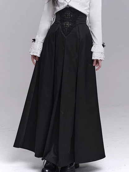 with Waist Accents Metal Ankle-Length Buckle Corset Black Embroidered Skirt Gothic