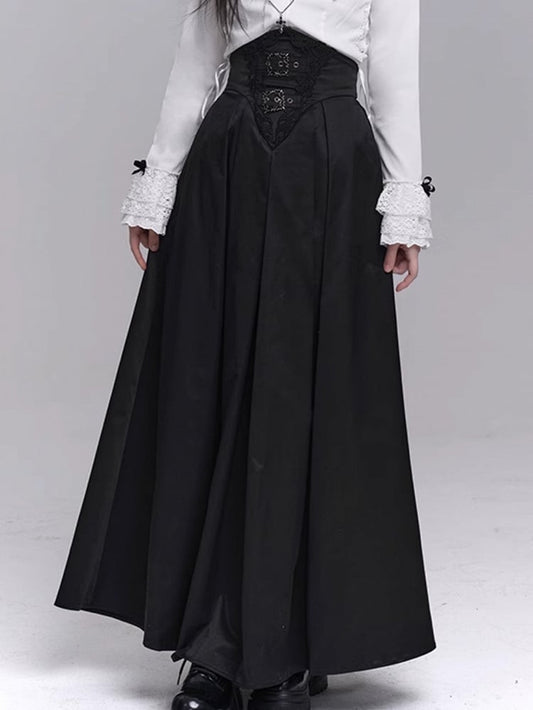 with Waist Accents Metal Ankle-Length Buckle Corset Black Embroidered Skirt Gothic