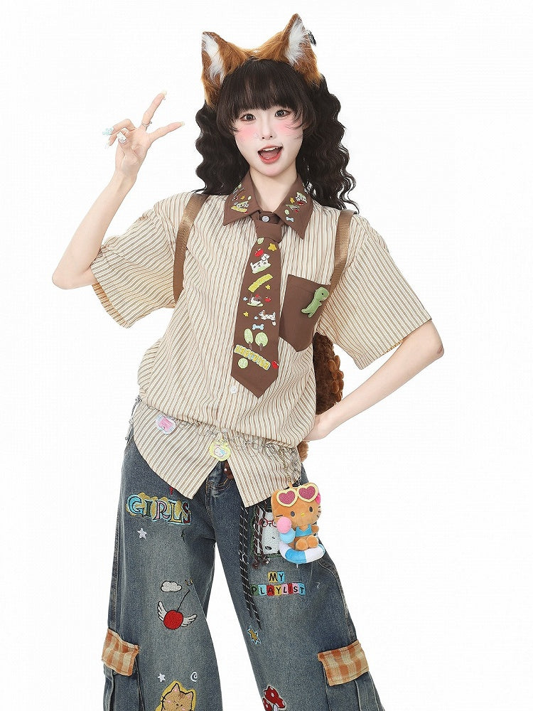 Apricot Striped Puppy Embroidered Tie Shirt - Languid Park