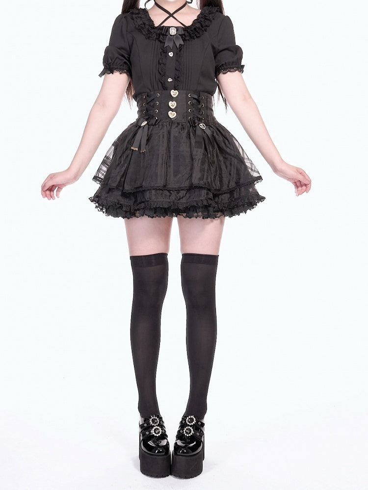 Skirt Waist Jirai with Bowknot Smocked Lace-up Accents Triple-Layer Black Kei Organza