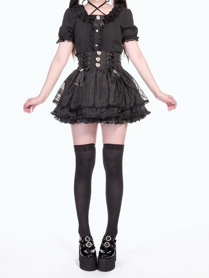 Skirt Waist Jirai with Bowknot Smocked Lace-up Accents Triple-Layer Black Kei Organza