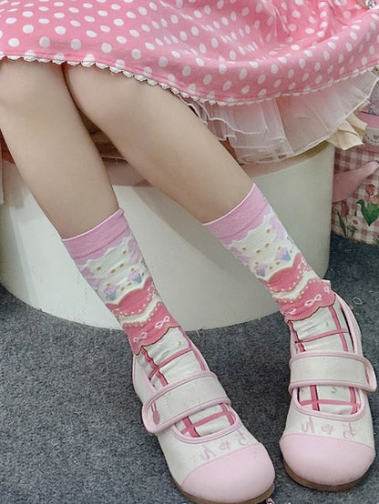 Pink Sweet Lolita Bowknot Print Striped Pattern Calf Socks