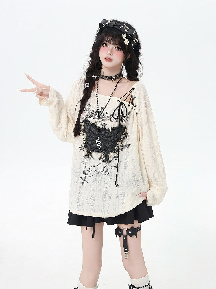 ホールトップ、ヴィンテージバタフライアップリケ、レースアップネックライン、アプリコット、ダメージ加工