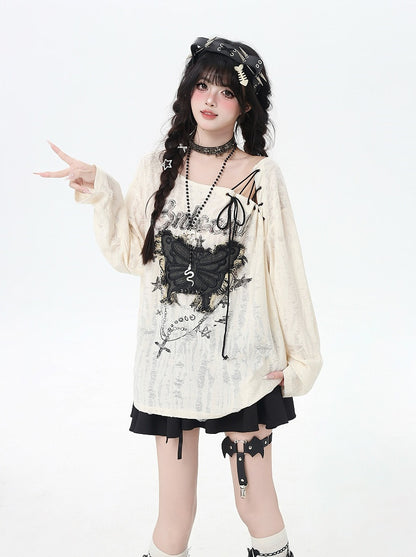 ホールトップ、ヴィンテージバタフライアップリケ、レースアップネックライン、アプリコット、ダメージ加工