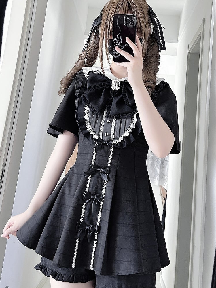 Tie Dress Detachable Jirai Full Sleeves Set + Bow Kei Short-Sleeve Black Plaid Matching Shorts