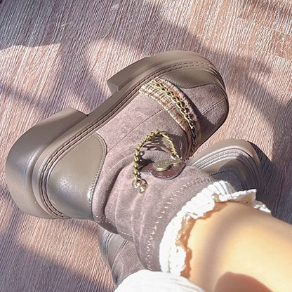 with Design Boots Brown Platform Chains Ornamental School Slip-on Heeled 4.5cm Style