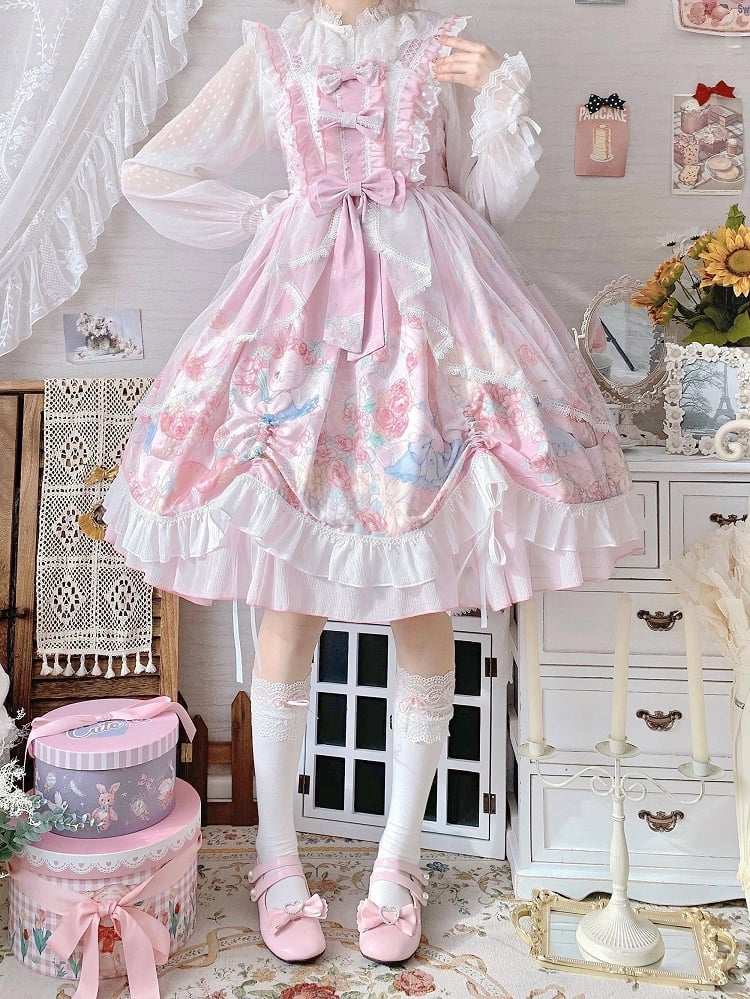 with JSK Dress Lolita Train Floral Pink Tulle Bunny Print Sheer
