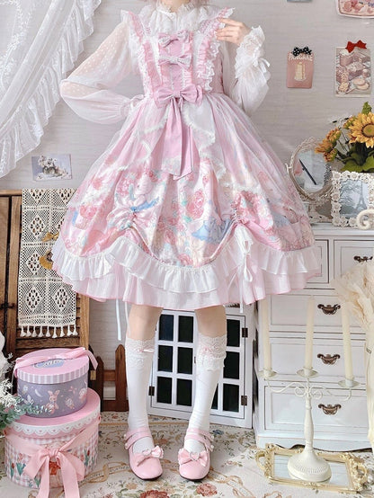 with JSK Dress Lolita Train Floral Pink Tulle Bunny Print Sheer