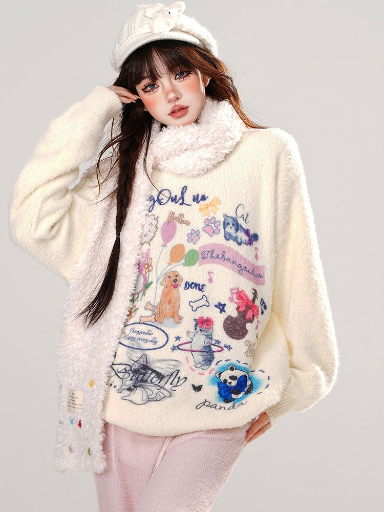 Apricot/Pink Cute Animal Patterns Mohair Loose Sweater