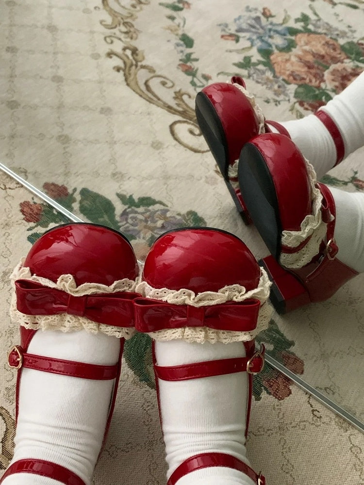 Bow Lolita for with Heels Sweet - Lace Red Low Heart and Trim Buckle Jane Apple Mary Details
