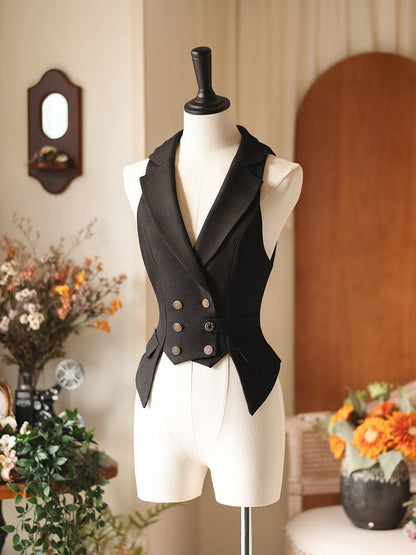 Blazer Waistcoat Collar Vintage Black Tailored